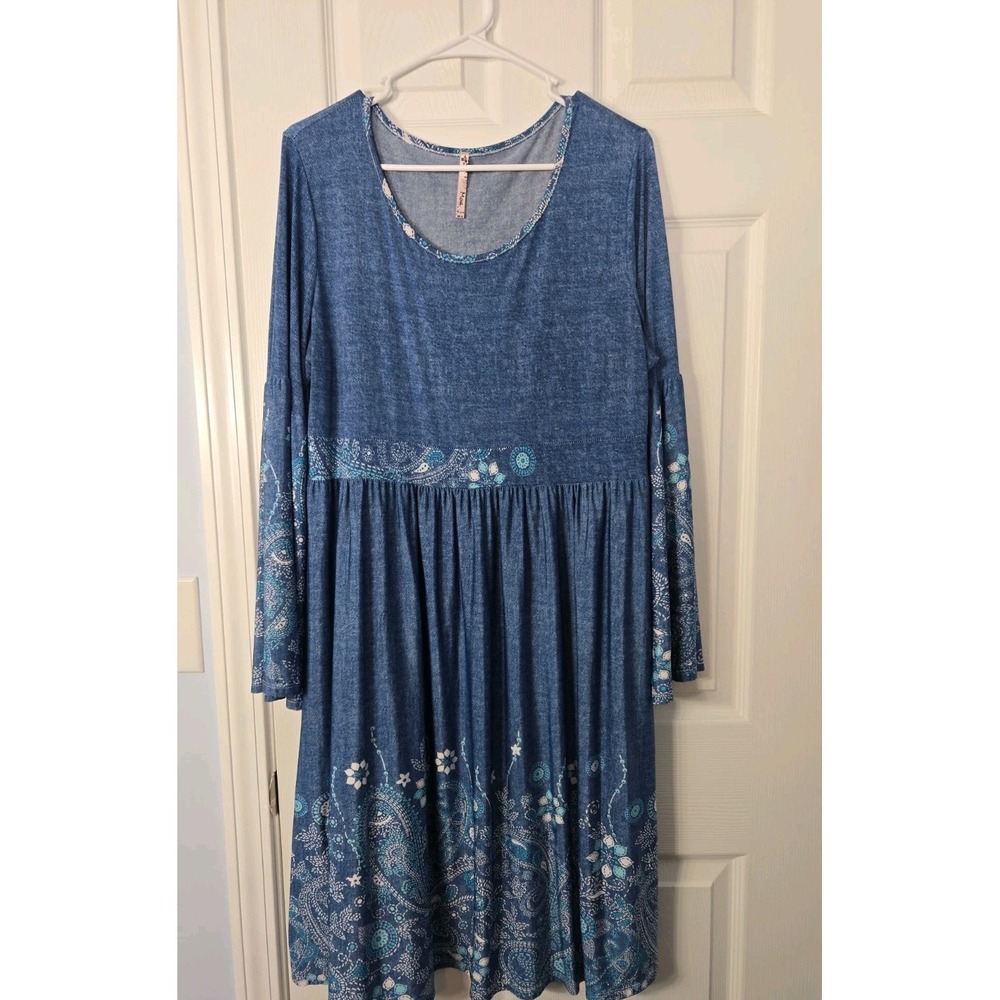 Moa Womans Long Bell Sleeves Midi Dress Size Large Blue Paisley Denim Designs